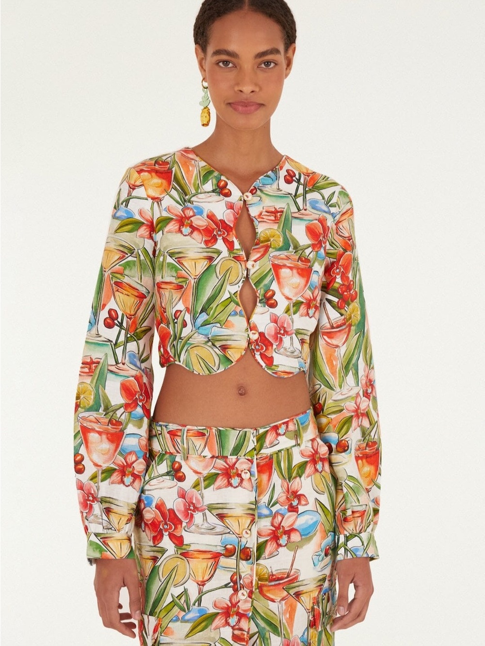 FARM RIO Off-White Cocktail Wavy Long Sleeve Top